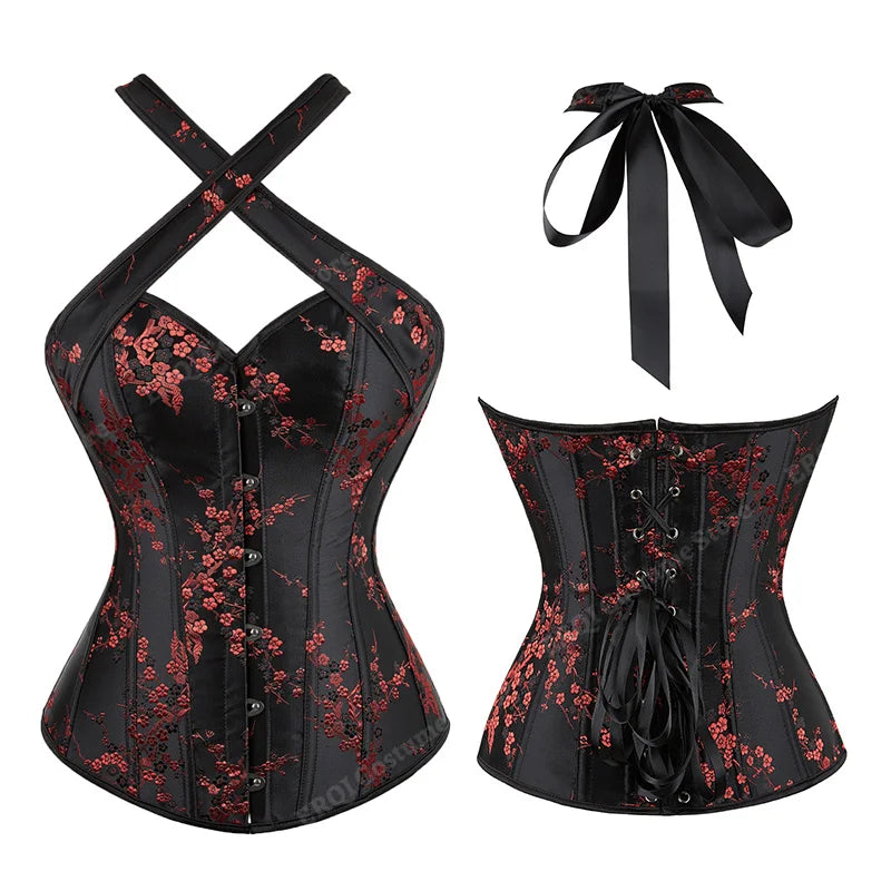 Floral Jacquard Corset with Straps in Black and Red