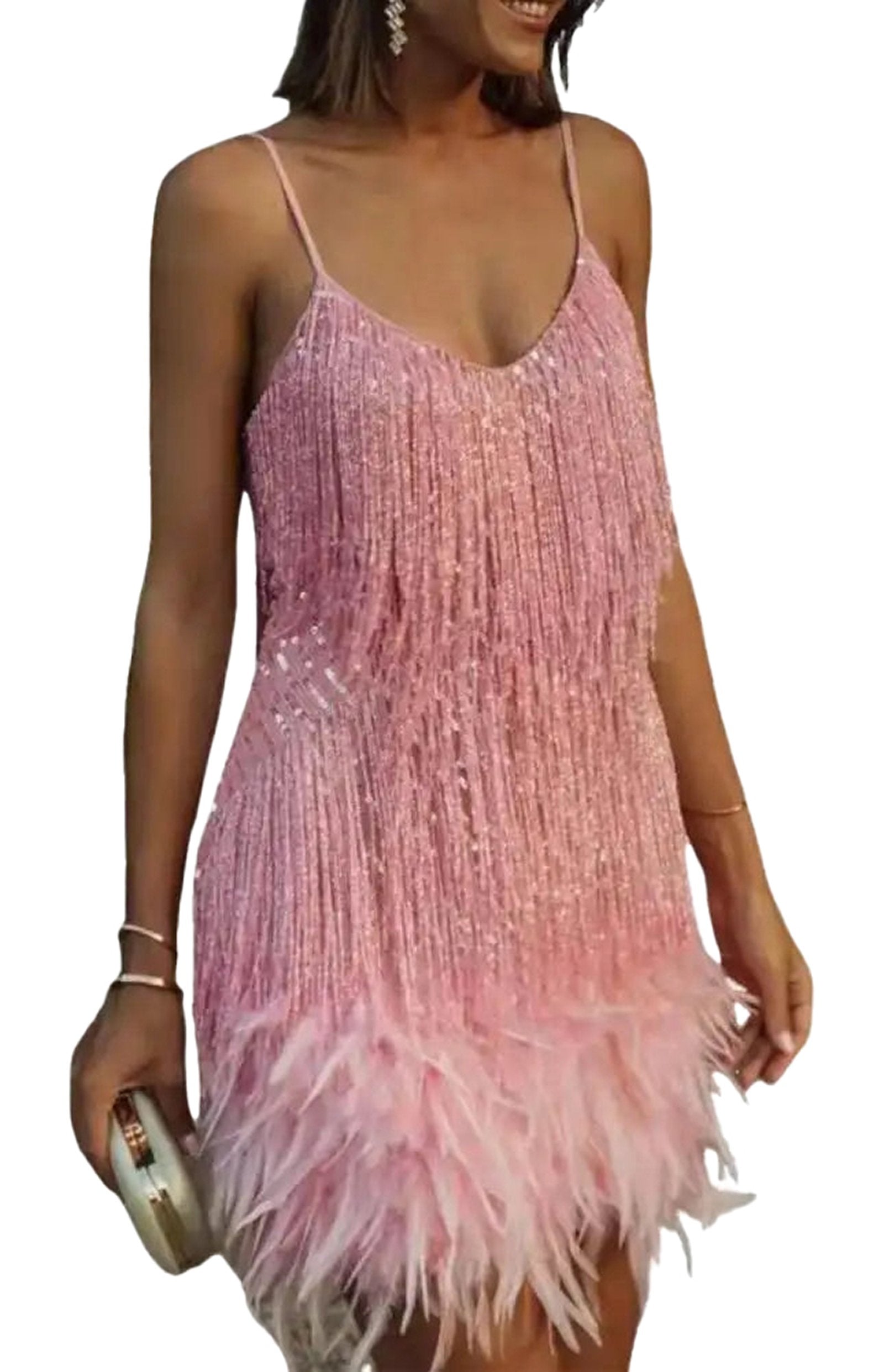 Stylish pink mini dress with tassels, ideal for parties, featuring white gold tassel mini dress design