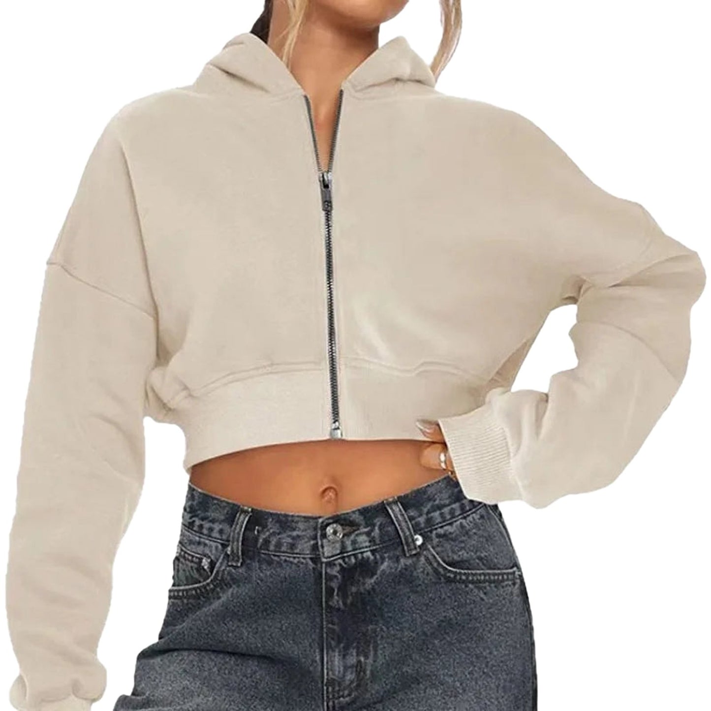 LuckeLadybug LLC women's zip hoodie oversized in beige with a cropped design and front zipper