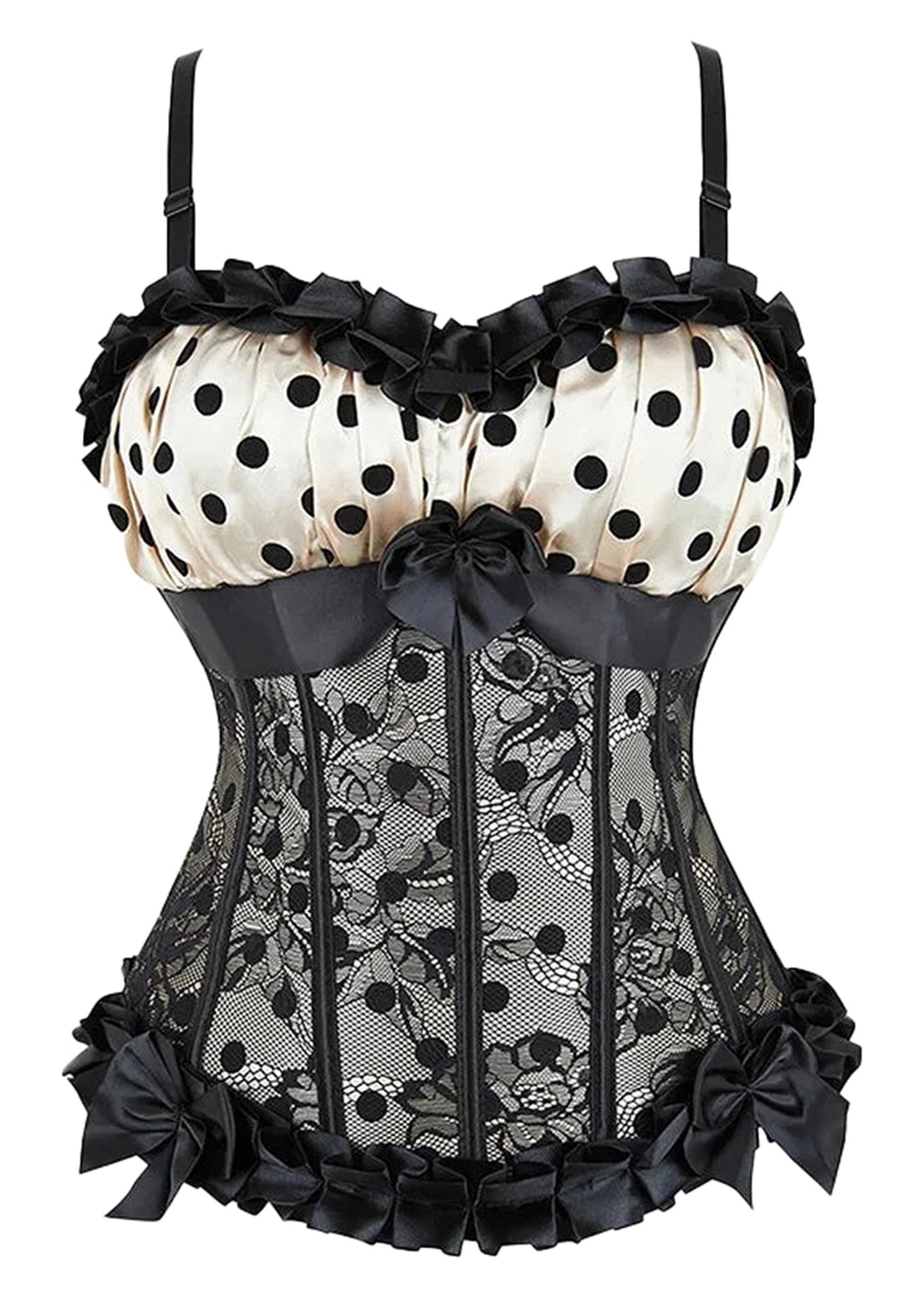 LuckeLadybug LLC Polka Dot Corset Bustier with Lace and Ruffled Details for Stylish Outfits