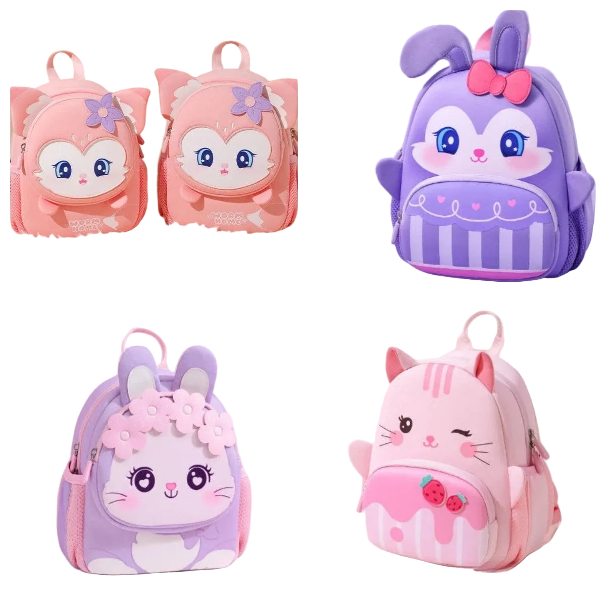Four cute cartoon animal backpacks arranged in a 2x2 grid: two pink bunny backpacks on the top left, a purple rabbit backpack with a pink bow on the top right, and a purple cat backpack with flowers on the bottom left, plus a pink cat backpack with strawberry details on the bottom right.