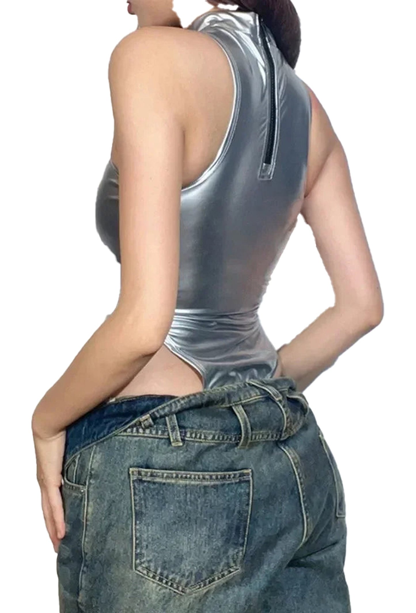 Silver Sleeveless Bodysuit For Women