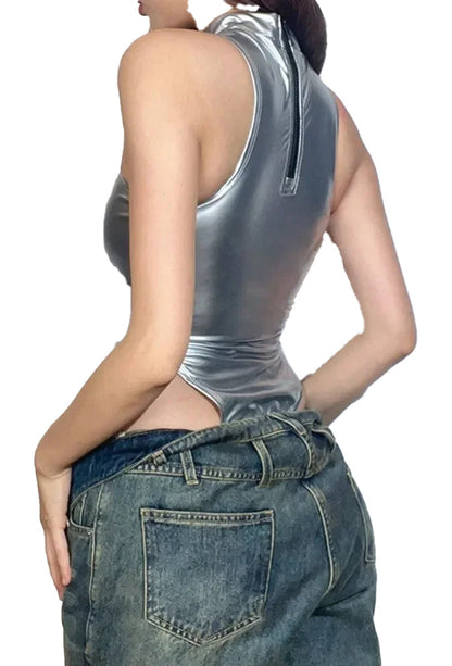 Silver Sleeveless Bodysuit For Women