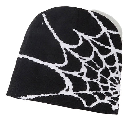 Black cartoon spider embroidered beanie featuring a white spider web design for a stylish look