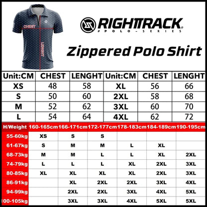 Men's zippered polo shirt by LuckeLadybug LLC featuring size chart and dimensions for a perfect fit