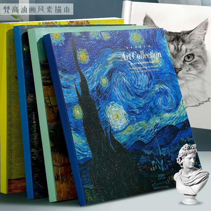 Notebook with 'Starry Night' design, cat peeking from behind, and classical bust in the foreground.