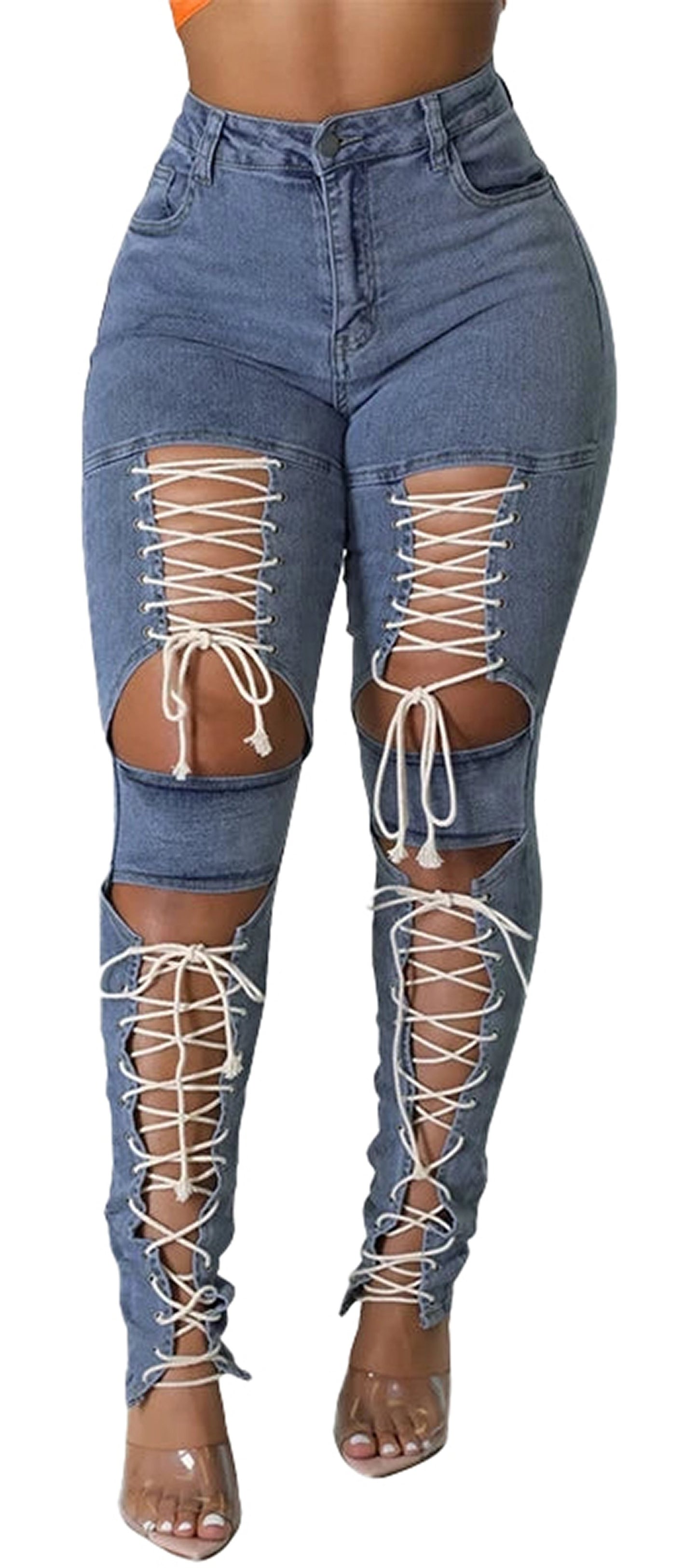Womens Lace Up Skinny Jeans