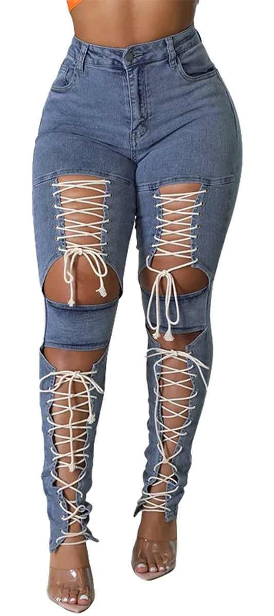 Womens Lace Up Skinny Jeans
