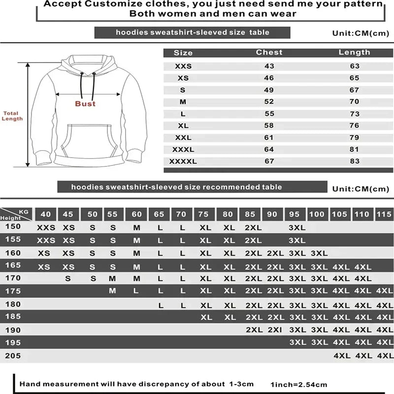 LuckeLadybug women's humorous graphic hoodies size chart for customizable fit options