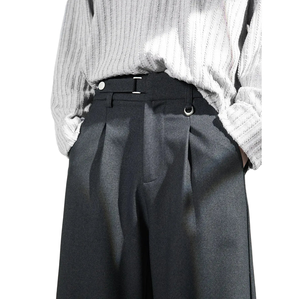 Drapey Pleated Straight Casual Trousers with Adjustable Waist
