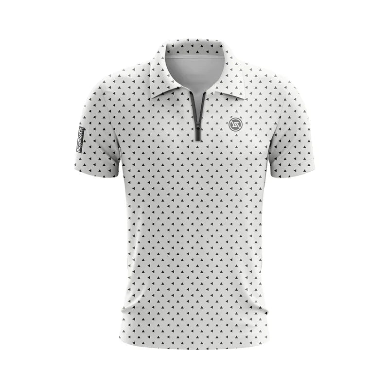 LuckeLadybug men's zippered polo shirt in white with black triangle pattern and short sleeves