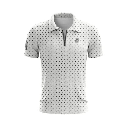 LuckeLadybug men's zippered polo shirt in white with black triangle pattern and short sleeves