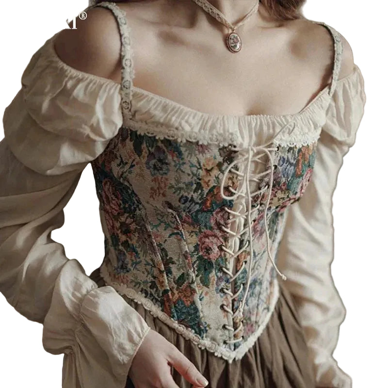 Person wearing a floral corset with a long-sleeve top, brand 'TIKITIKI' visible.