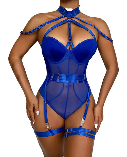 Blue Lace Halter Bodysuit Lingerie