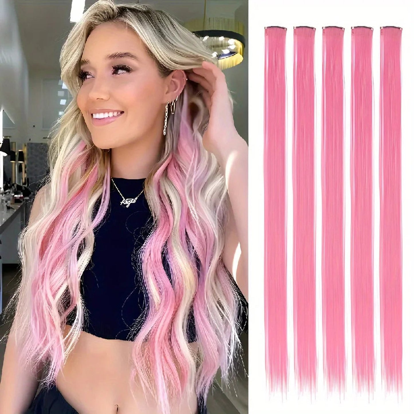 LuckeLadybug LLC synthetic clip in hair extensions in pink for a vibrant hairstyle transformation