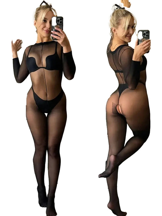 LuckeLadybug sexy mesh lingerie bodysuit with long sleeves and zip front for a sultry look