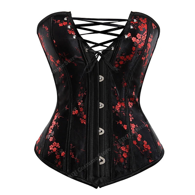 Floral Jacquard Corset with Straps in Black and Red