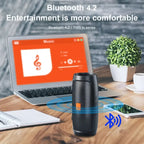 LuckeLadybug portable wireless speaker with bluetooth, displaying controls and Bluetooth connection icon near a laptop