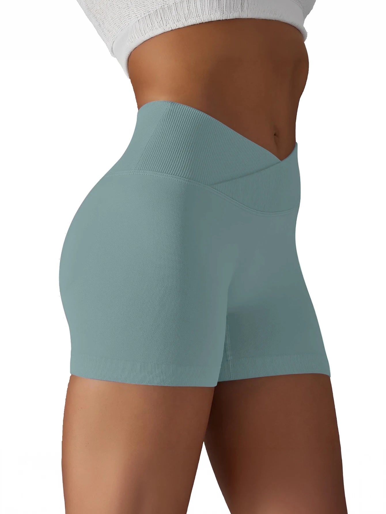 Cross Waist Workout Shorts - High Waisted Ribbed Biker