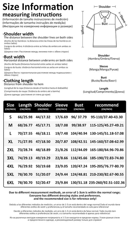 LuckeLadybug LLC men's gradient polo shirt with size chart and measurement instructions for accurate fitting
