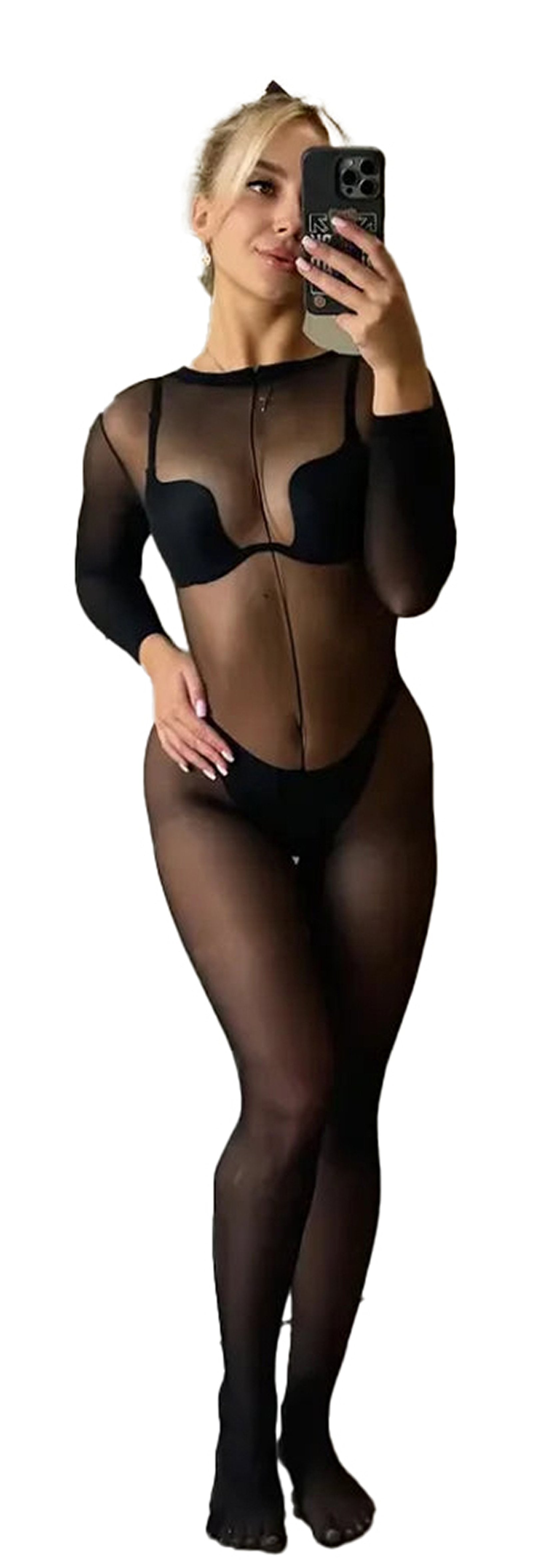 LuckeLadybug sexy mesh lingerie bodysuit with long sleeves and a sheer design for a provocative look