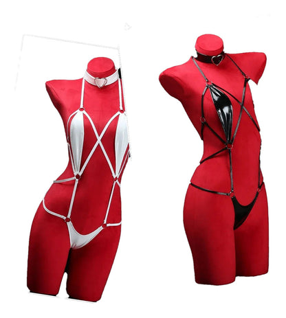 Sexy Leather Crotchless Bodysuit With Collar