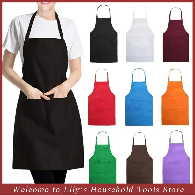 Person wearing a black apron with color swatches of aprons in various colors on a white background.