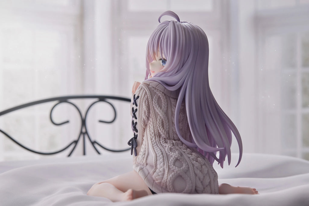 LuckeLadybug LLC anime figure featuring a character with purple hair in a knitted sweater on a bed