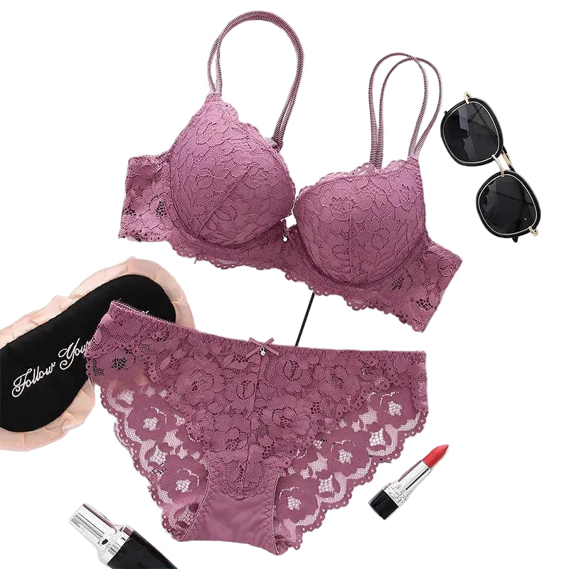 Womens Floral Lace Push Up Bra and Panty Set