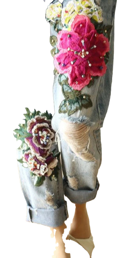 Floral Embroidery Jeans For Women