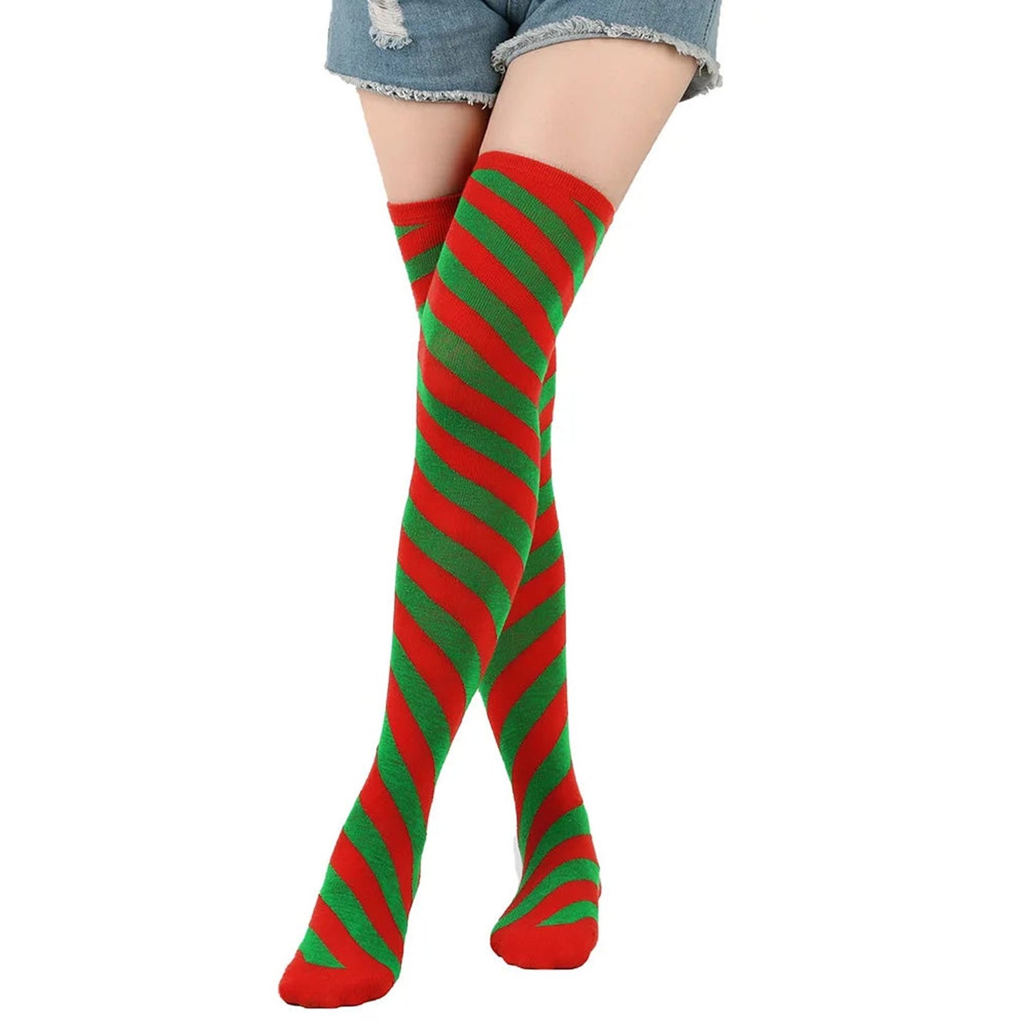 Striped thigh high socks for women in red and green colors, perfect for festive outfits