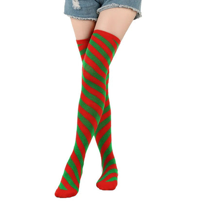 Striped thigh high socks for women in red and green colors, perfect for festive outfits