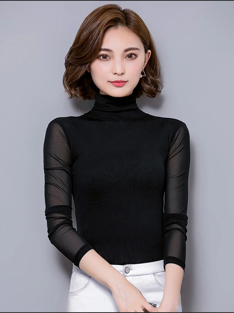 Women Long Sleeve Lace Blouse Slim Knit Pullover Top