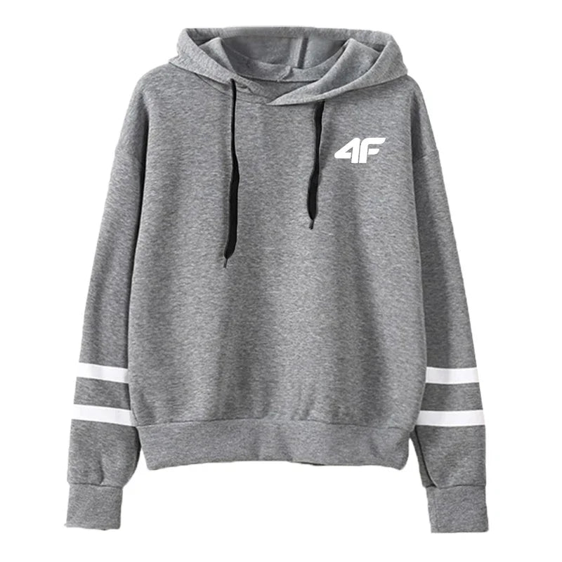 High quality women's hooded sweatshirt in gray with white stripes and logo for casual wear