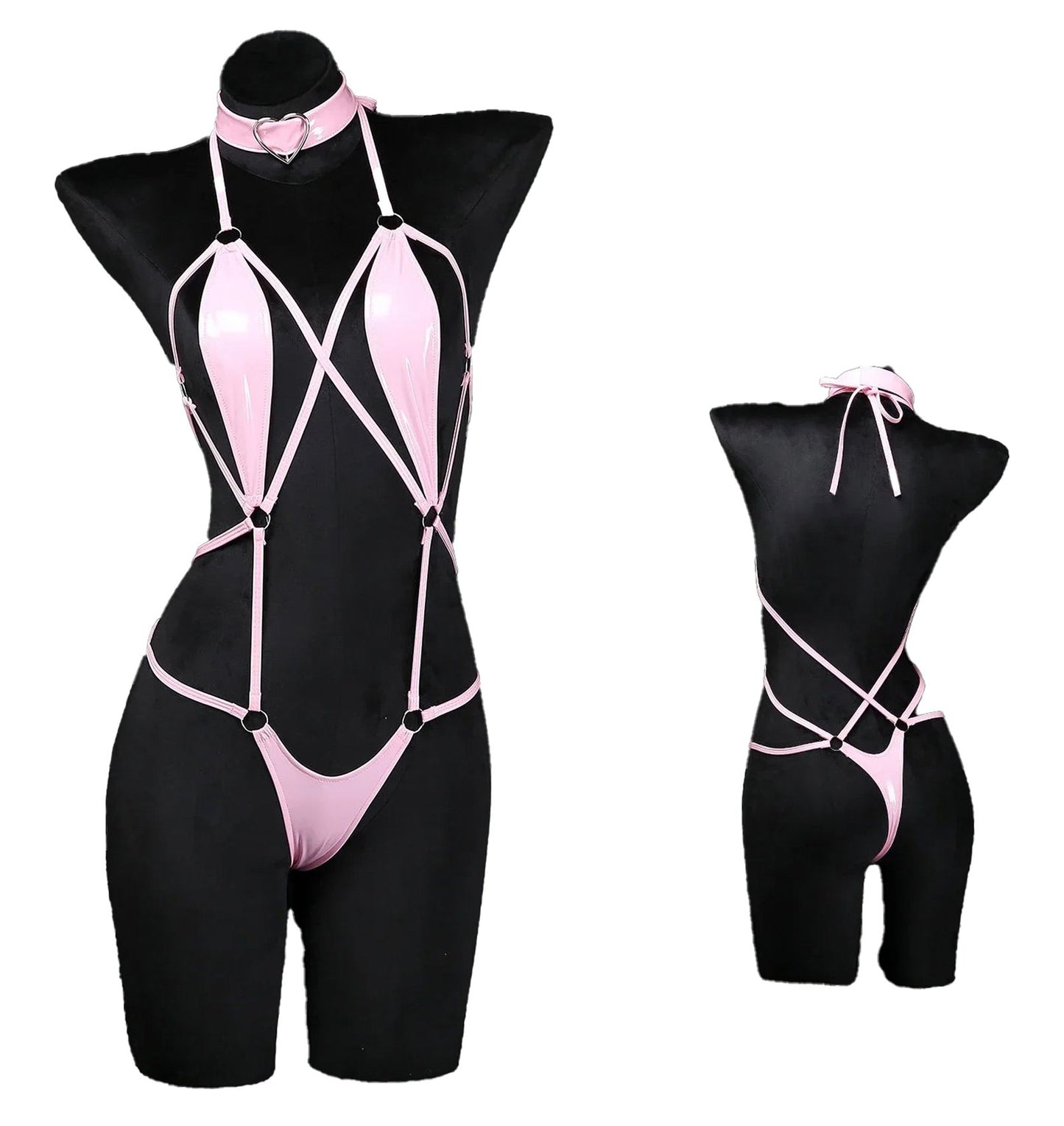 Sexy Leather Crotchless Bodysuit With Collar