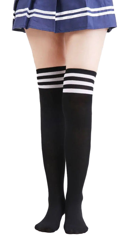 Black striped thigh high socks for women with white stripes, perfect for adding a trendy touch to outfits