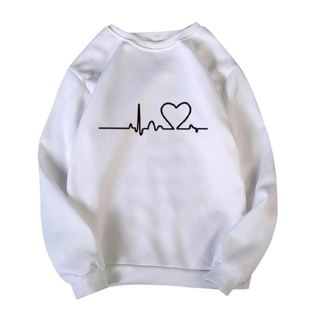 LuckeLadybug women's slimming hoodie 2025 in white with heartbeat and heart graphic design