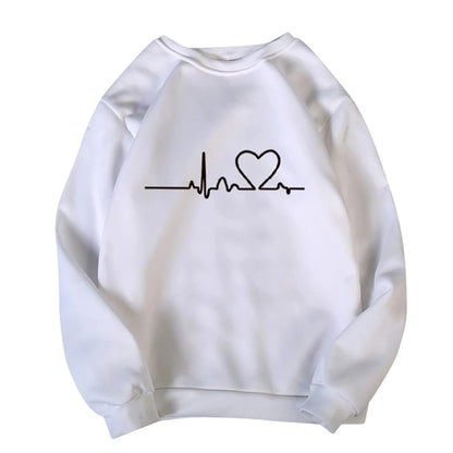 LuckeLadybug women's slimming hoodie 2025 in white with heartbeat and heart graphic design