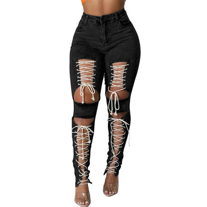 Womens Lace Up Skinny Jeans
