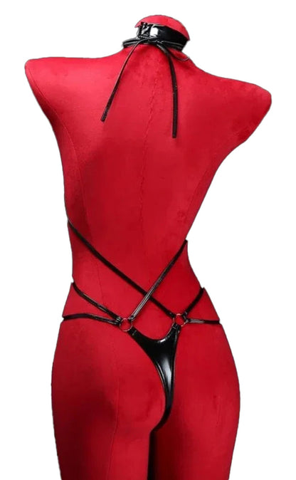Sexy Leather Crotchless Bodysuit With Collar