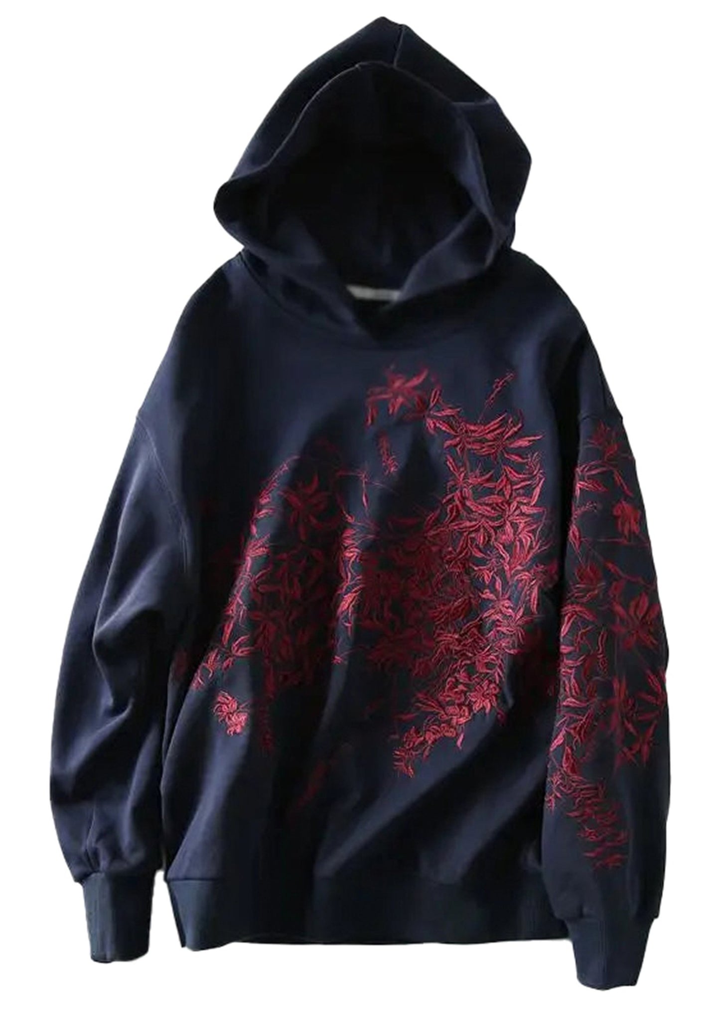 Navy embroidered graphic hoodie for women featuring a stylish floral design