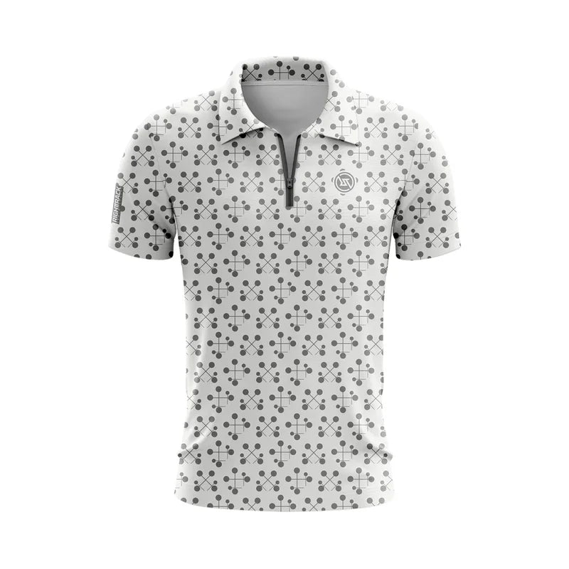 LuckeLadybug men's zippered polo shirt with a stylish pattern in white and black