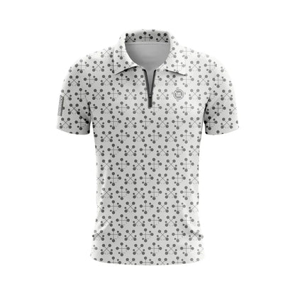 LuckeLadybug men's zippered polo shirt with a stylish pattern in white and black