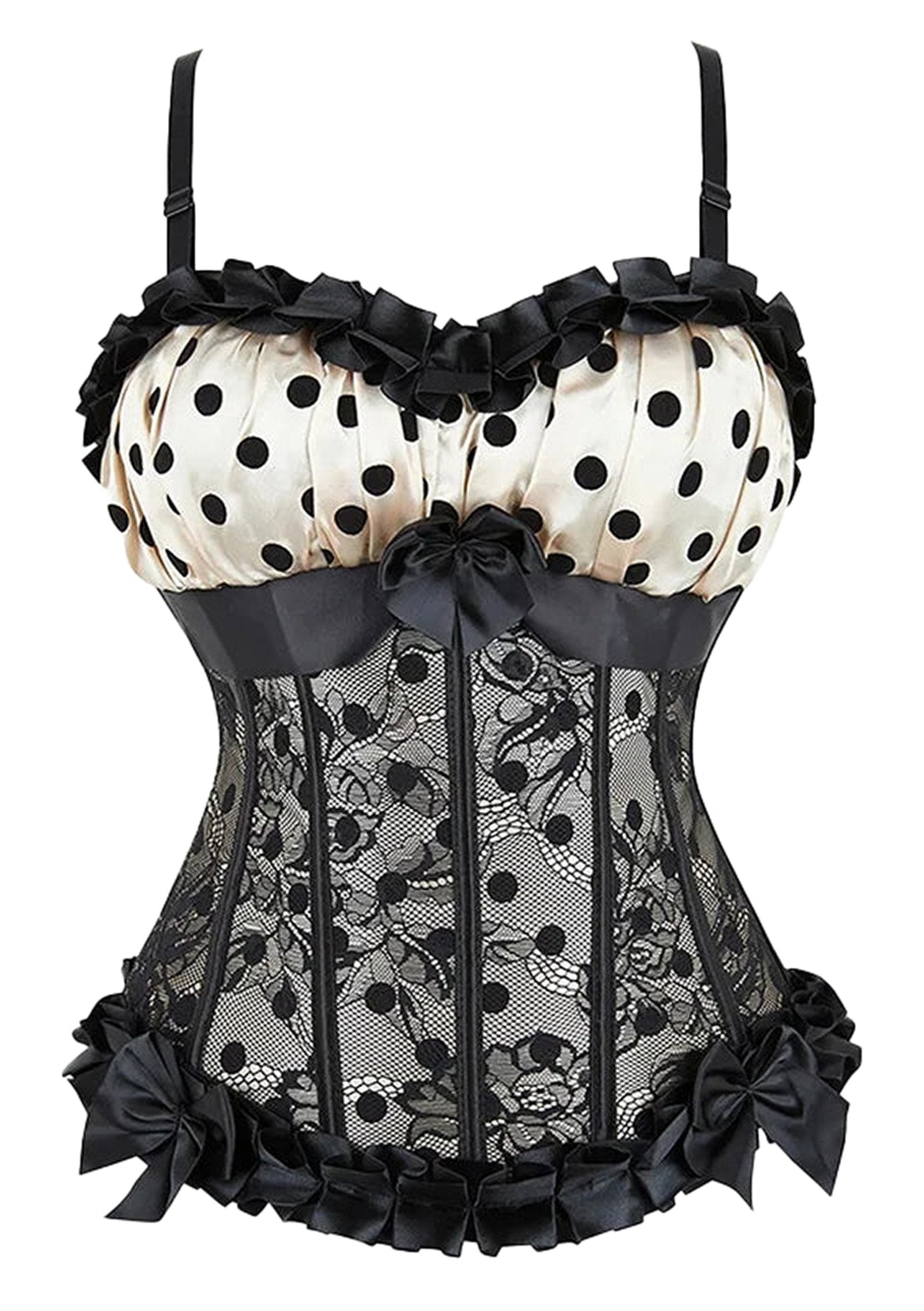 Polka dot corset bustier by LuckeLadybug LLC featuring black lace and satin bow accents