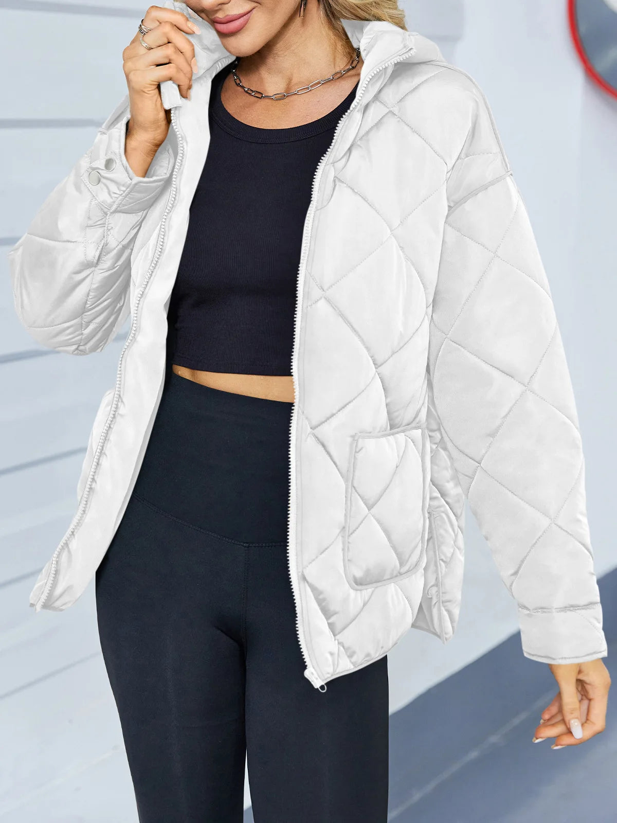 Womens Hooded Cotton Winter Coat Thickened Zipper Pockets Parka