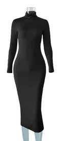 Black long-sleeve blouson dress, perfect as a maternity photo shoot dress