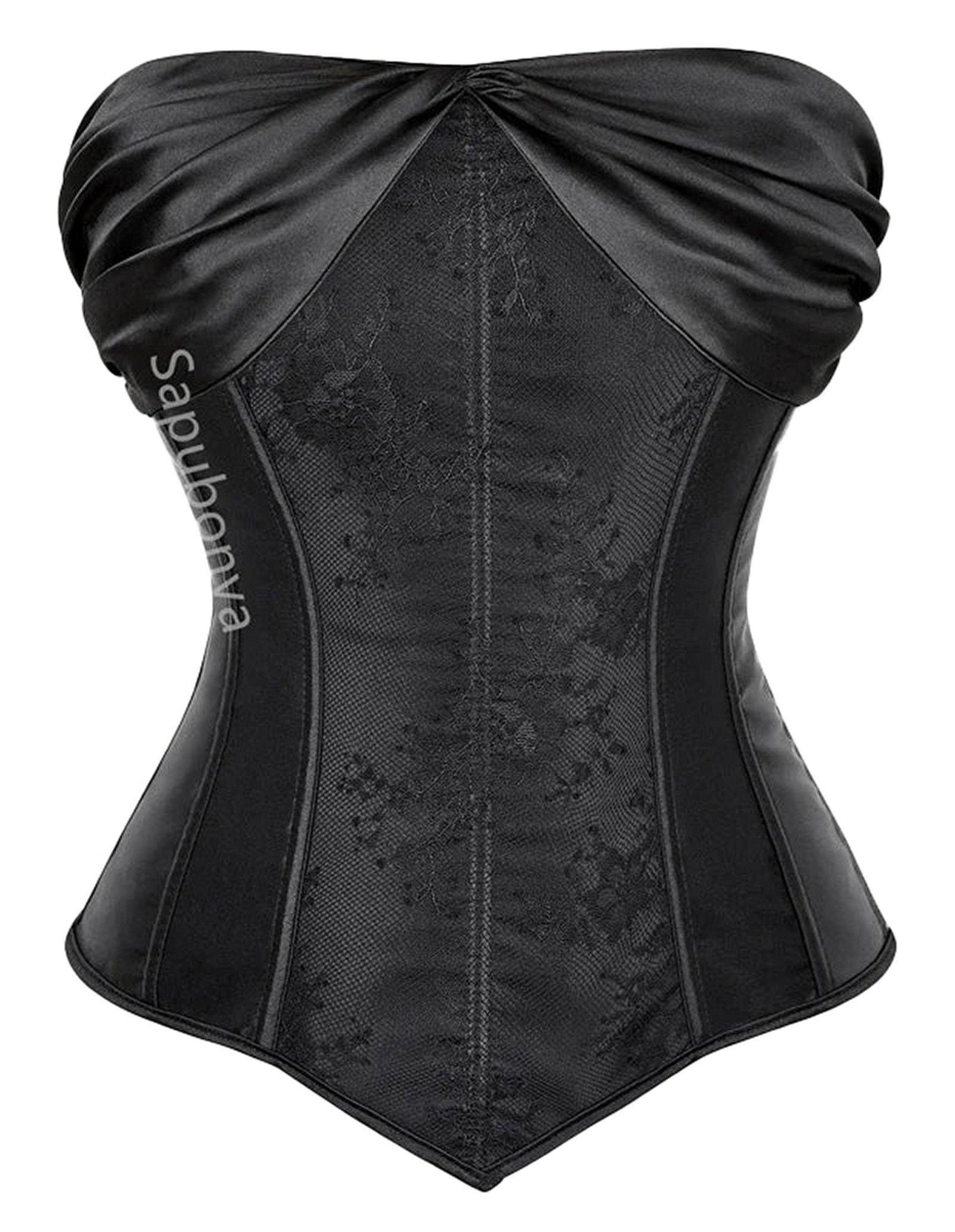 Elegant black strapless plus size corset top for women with a draped design and structured fit