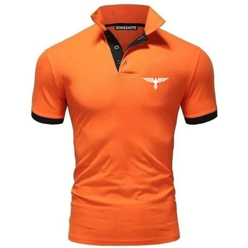 Men's business casual polo shirt in vibrant orange with contrasting collar detailing