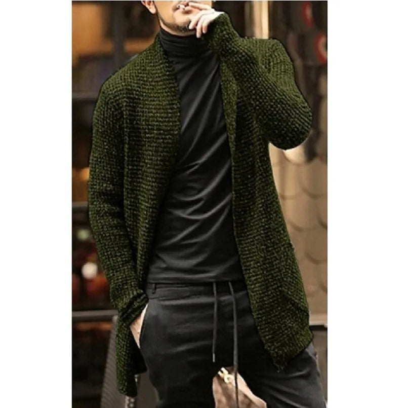 Mens Mid Length Open Stitch Knitted Trench Coat Sweater