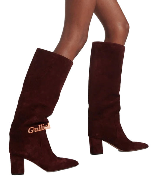 Burgundy Knee High Block Heel Boots